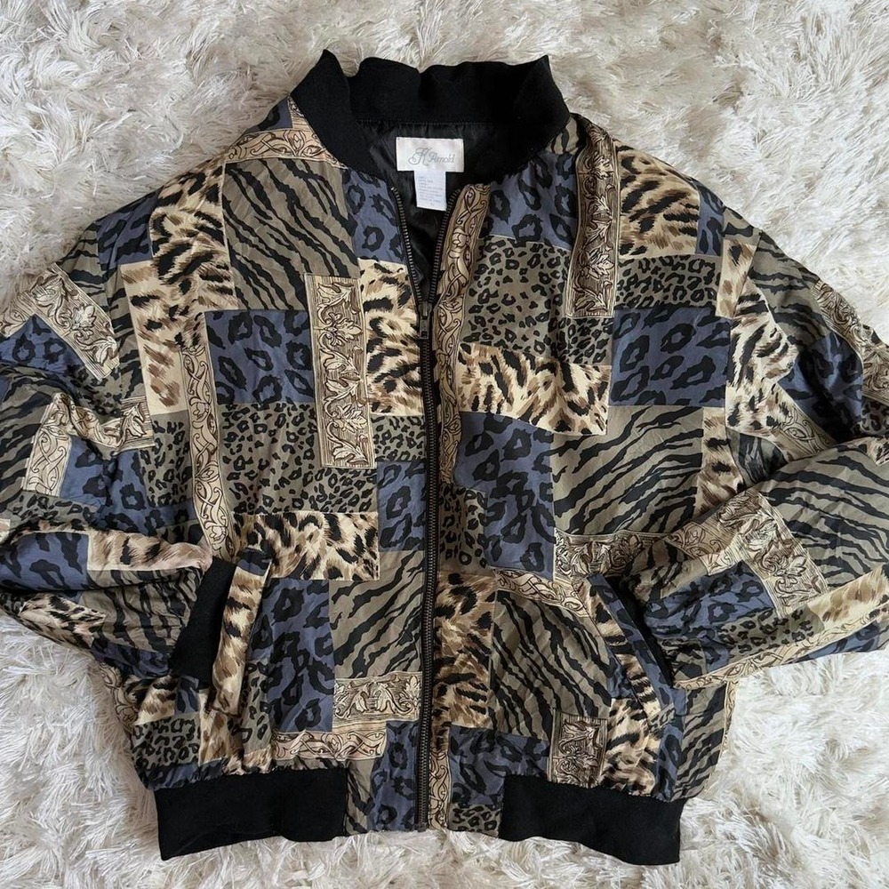 Vintage 100% Silk Leopard Tiger Patchwork Quilted Bomber Jacket Safari Glam S